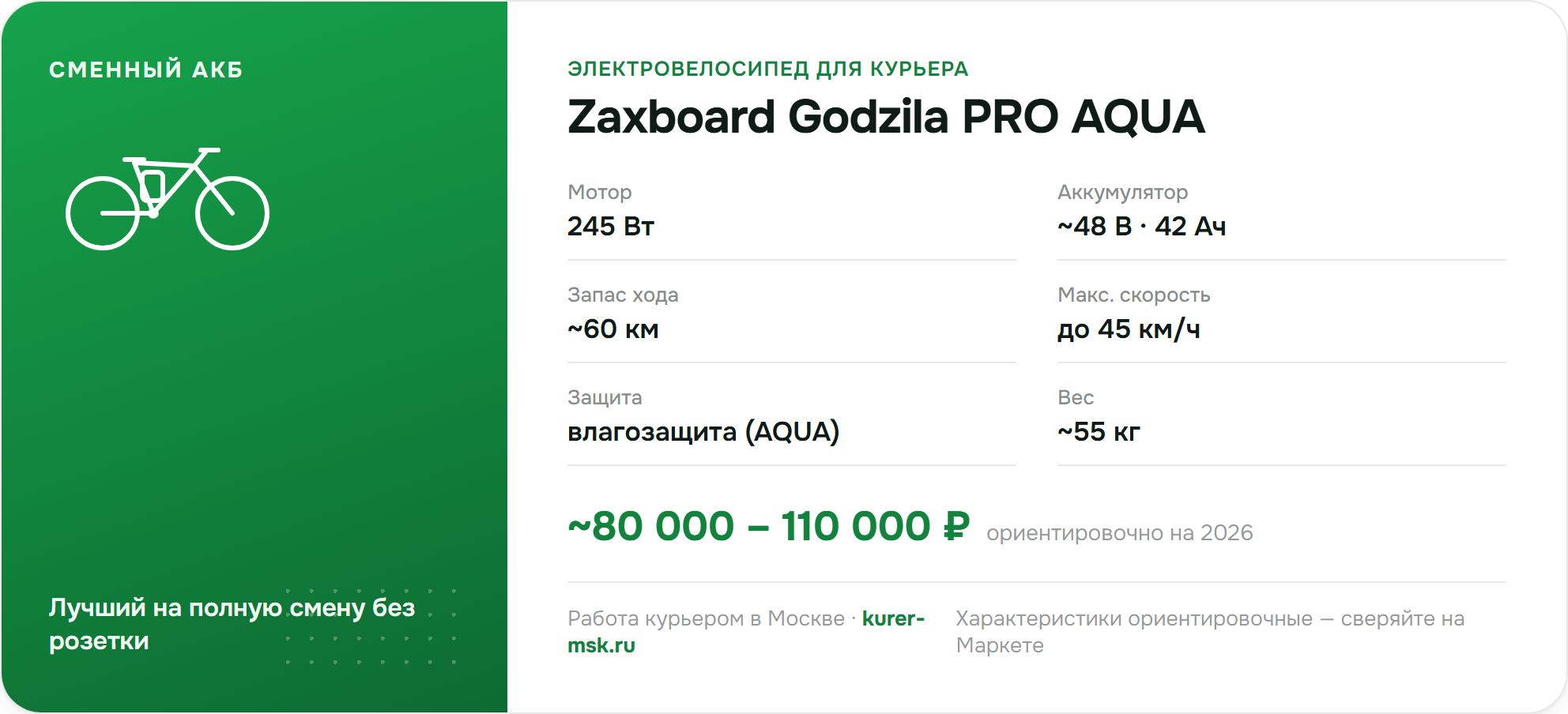 Характеристики Zaxboard Godzila PRO AQUA — электровелосипед со сменным аккумулятором
